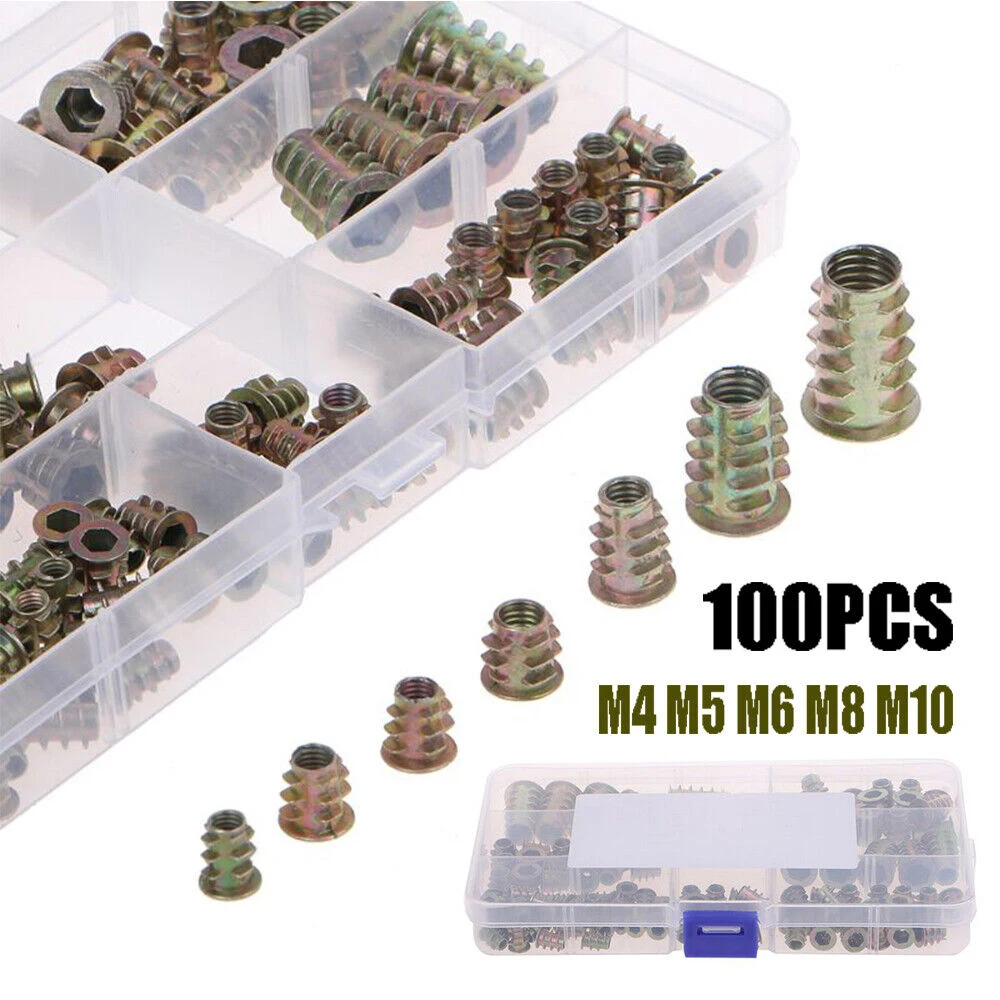 100pcsm4m5m6m8m10threadedhexharddriveinsertwoodscrewinsert