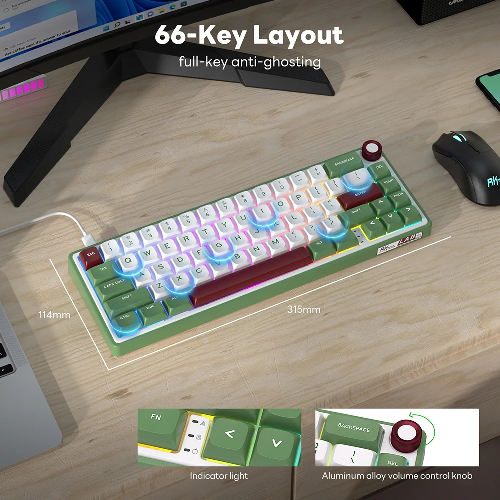 Teclado Hot-Swappable com MDA PBT Keycaps, RGB Backlit, 66 teclas, 65% Junta