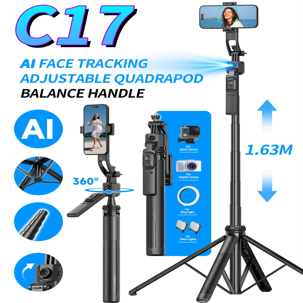 5 in 1 Smartphone Tripod Gimbal Stabilizer 360&deg;Auto-Rotation AI Tracking Shooting Quadrapod Remote Control