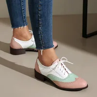Plus Size 48 Retro Women Carved Wings Pumps Pointed Toe Lace Up Block Heels Brogue Shoes Preppy Pumps For Women 2