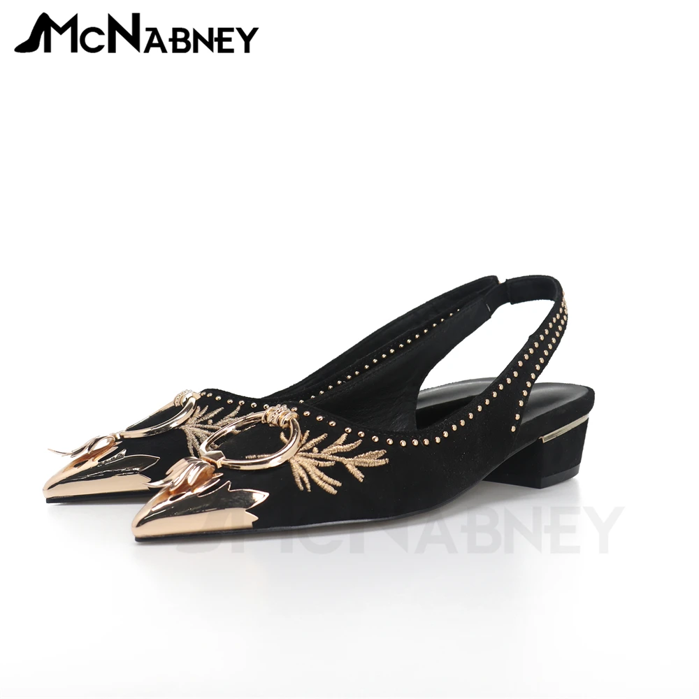 

Embroidered Handmade Velvet Flat Golden Metal Pointed Toe Sandals for Women Metal Studs Leaves Slip On Shoes Luxurious Shoes New