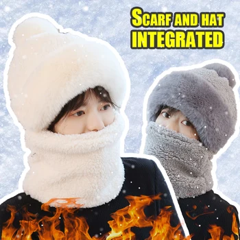 Hat Scarf One Piece Set Cute Women's Earmuff Hat Cartoon Bear Ear Protection Hat Solid Plush Girl Winter Warm Fluffy Hat
