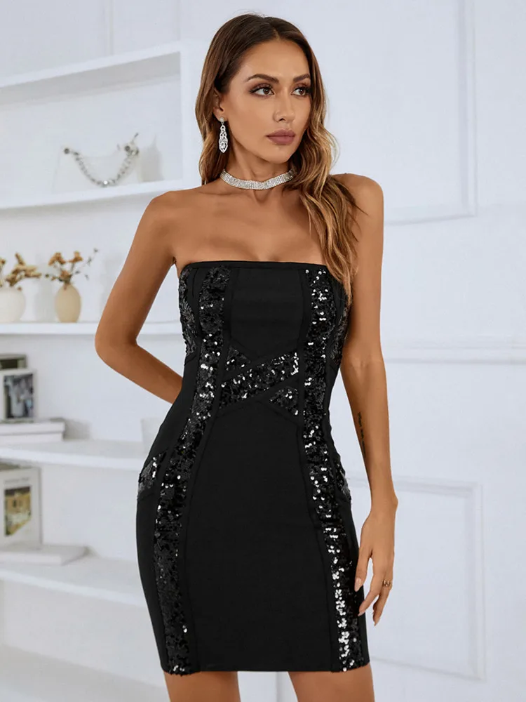 

Women Black Evening Party Dress Sexy Strapless Bodycon Mini Short Sequined Spark Elastic Dresses Ladies Club Nightwears