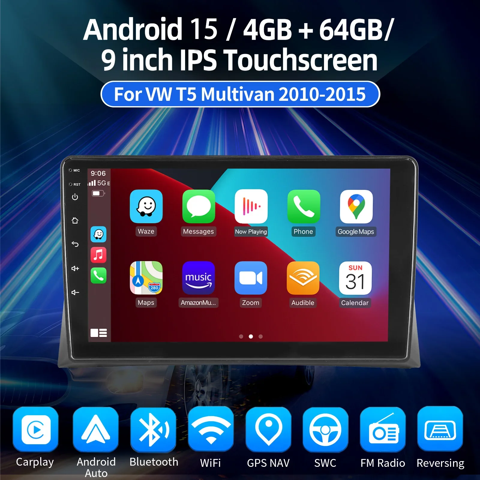 ESSGOO Android 15 Autoradio 9" IPS Touchscreen GPS Navigation für VW T5 Multivan 2010-2015 Lenkradsteuerung Bluetooth FM WIFI RDS USB Mirror Link Wireless CarPlay Android Auto Multimedia-Videoplayer – Detail 1