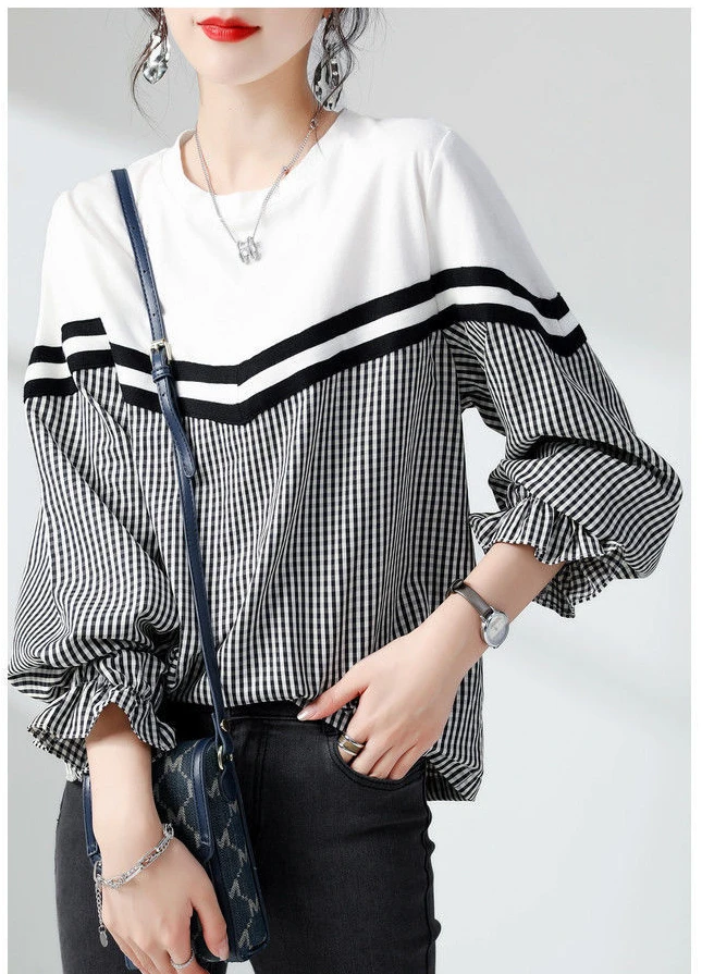 2022 Spring Autumn Sweatshirt Women Lattice Patchwork Long Sleeve Sweatshirt Fashion Simple Contrast Color Loose Clothes
