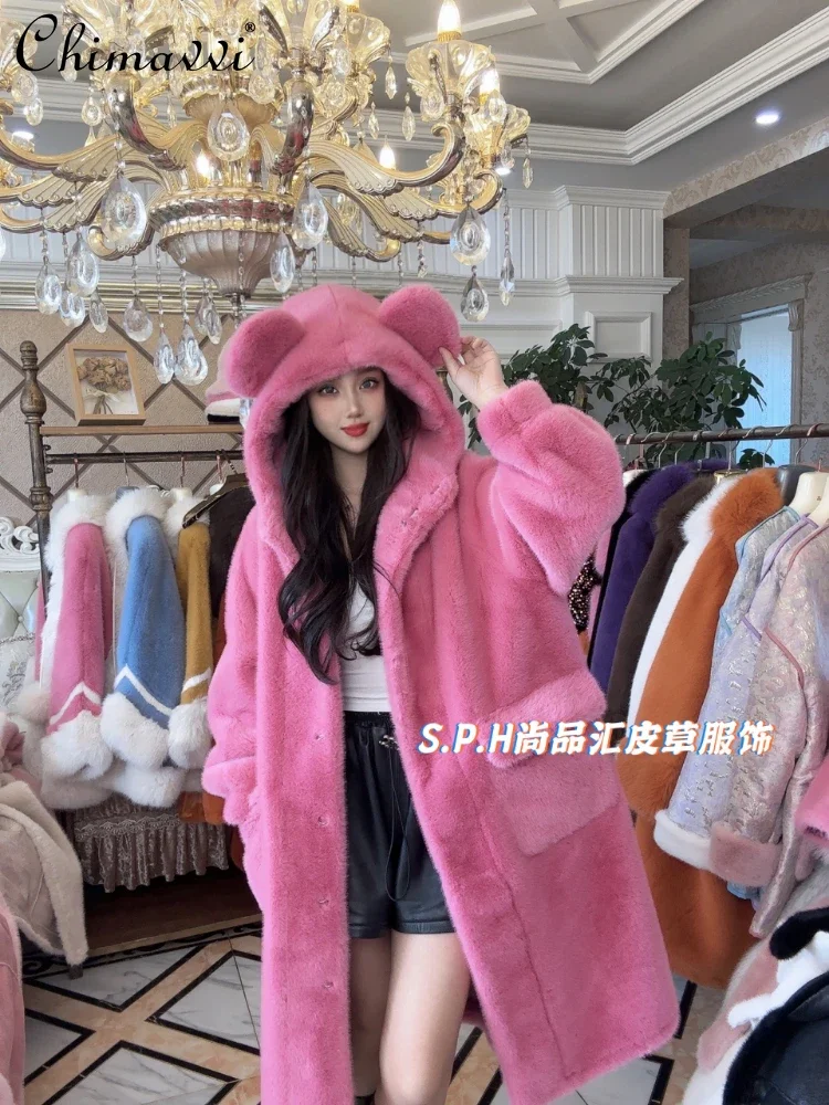 Korean-Style Fashion Pocket Long-Sleeve Faux Fur Coat 2023 Winter Sweet Cute Hooded Casual Loose Long Faux Leather Fur Coat winter children coat faux fur bow shawl lapel girls sweet warm coat imitation rabbit fur baby kids outwear long sleeve clothing