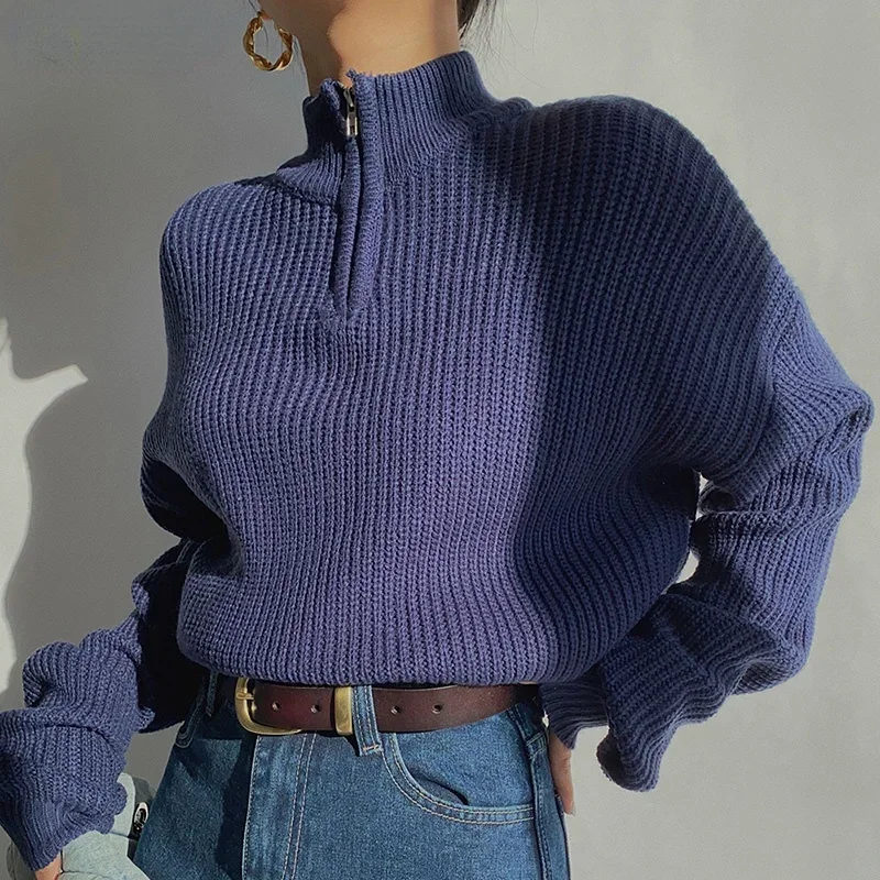 

Casual Vintage Blue Loose Zipper Stand Collar Long Sleeve Sweaters Women Fashion Streetwear 2023 Autumn Winter Women's Jumpers