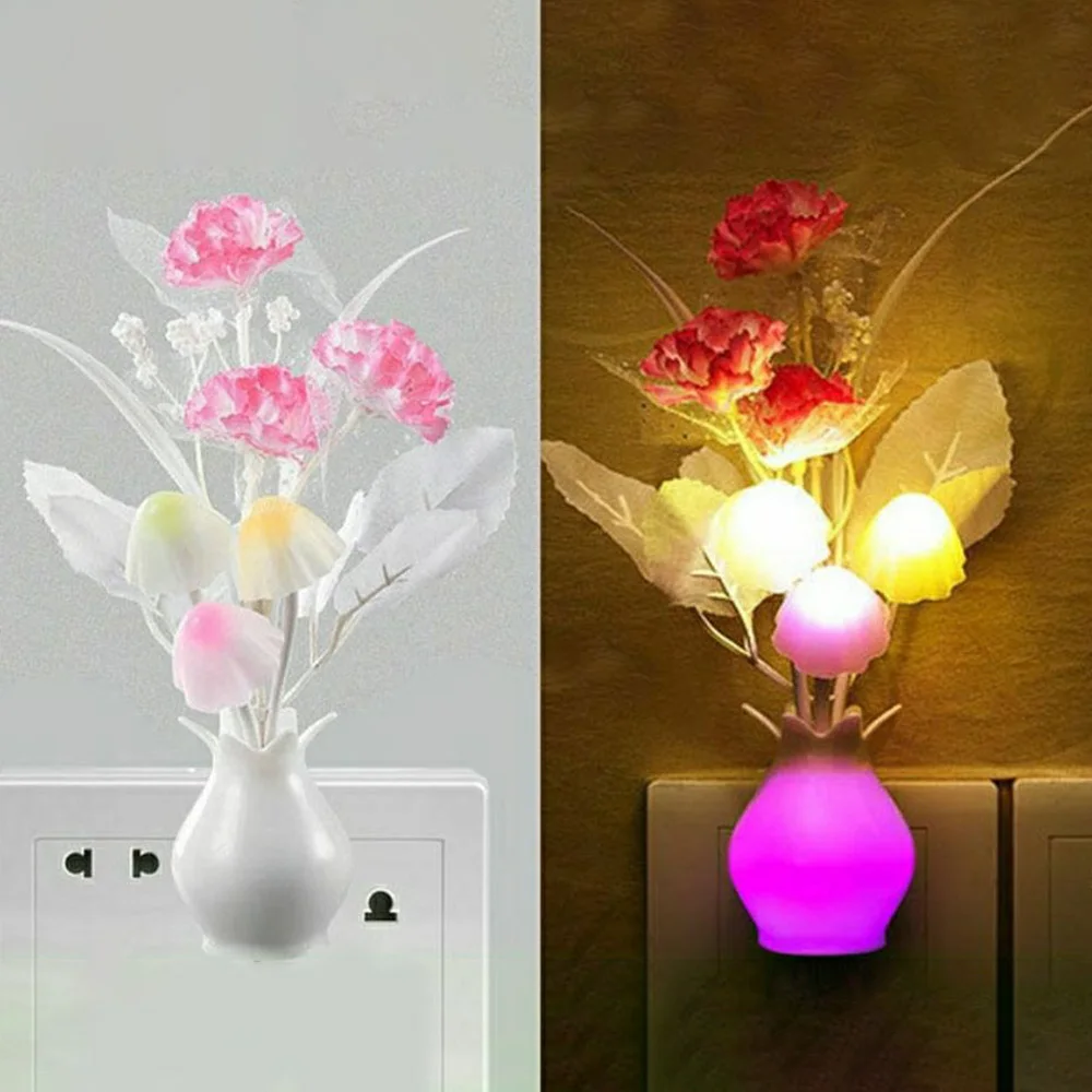 LED Night Light Sensor Plug-in Auto Switch Rose Flower Luminous Vase Night Light Wall Bedroom Living Room 1Pc
