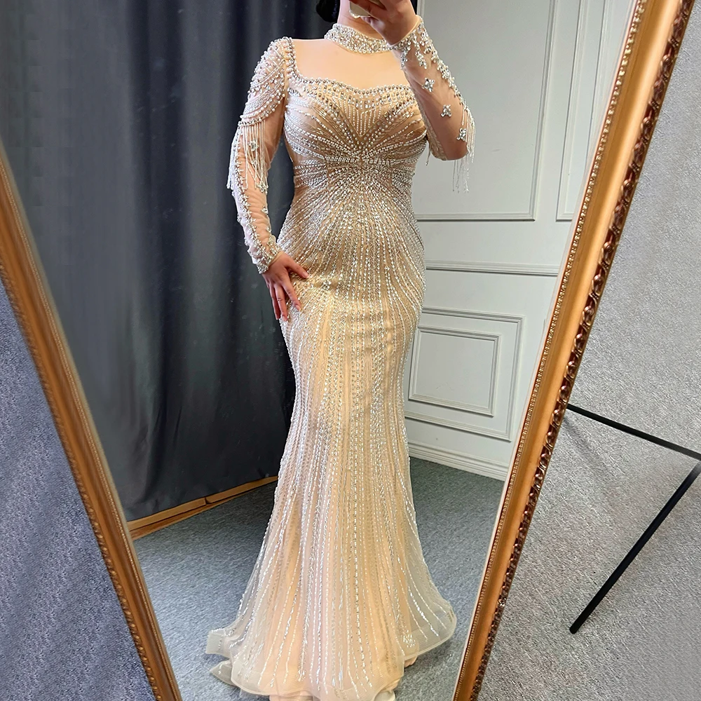 Nude Muslim Mermaid Elegant Evening Dresses Gowns 2023 Beaded Tassel Luxury For Women Party BLA71533 Serene Hill