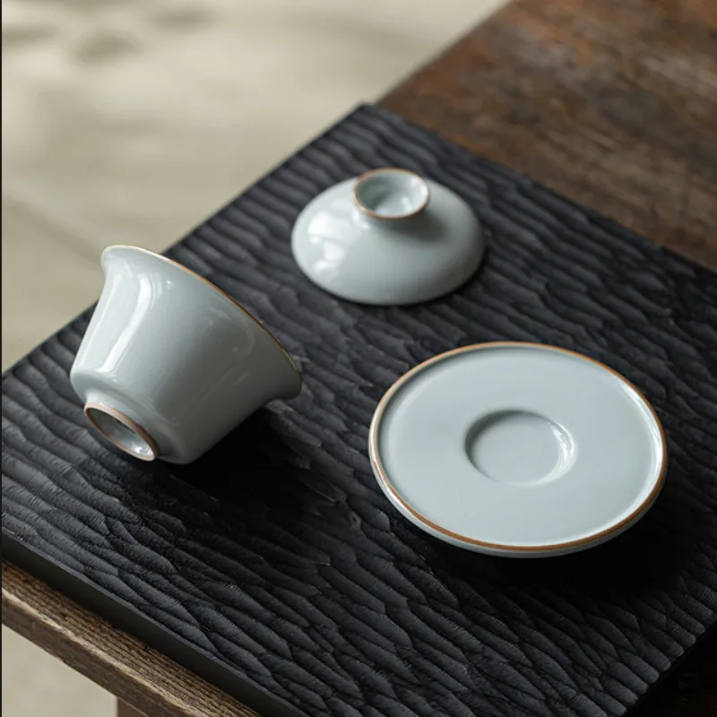 80ML High End Azure Ru Kiln Ceramic Gaiwan Elegant Three Talent Hand Grip Tea Tureen Tea Maker Cover Bowl For Ornaments Gift