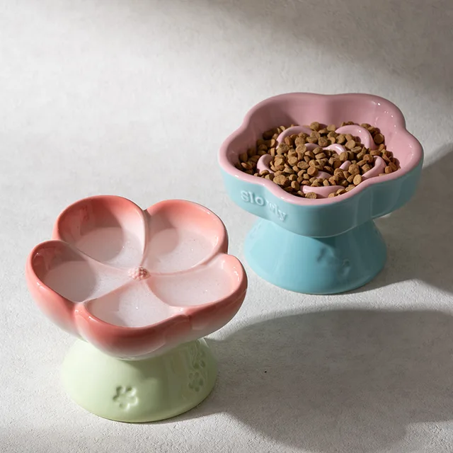 Pet Slow Feeders Food Bowl High Footed Ceramic Cat Bowl Small Dog Tableware