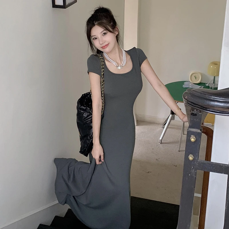 

Gentle Women Long French Square Neck Dresses Summer Slim Elegant Long Dresses