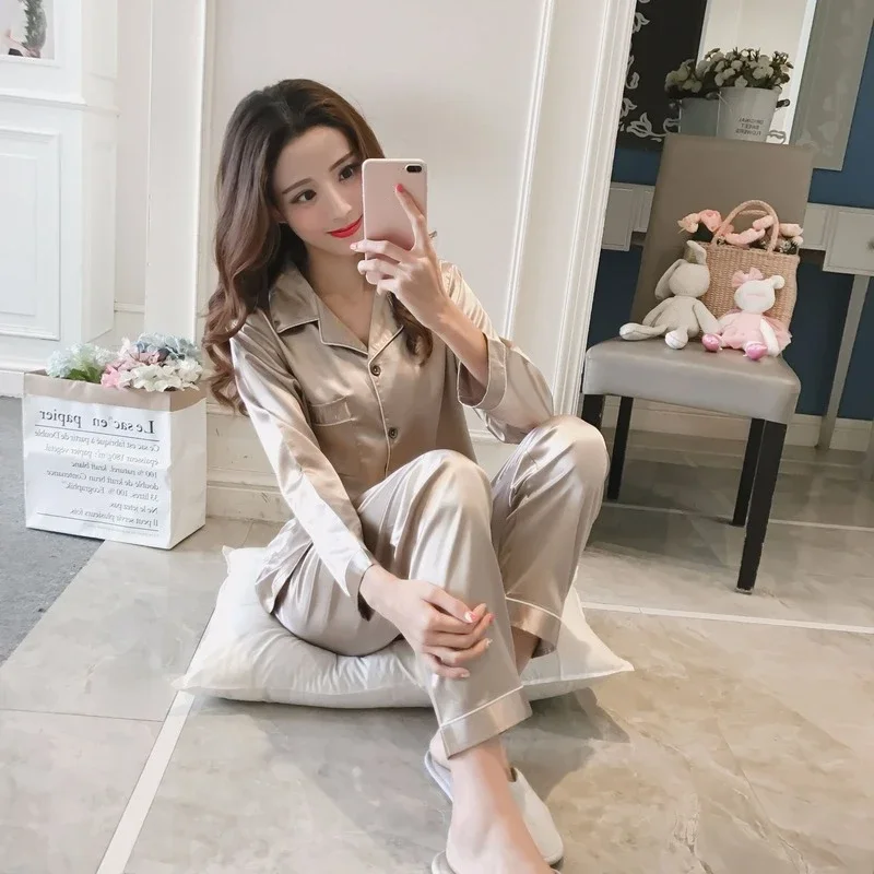 Plus Size 5XL Women's Pajamas Set Satin Silk Sleepwear Turn-down Collar 2 Pieces Pijima Casual Soft Loungewear Home Clothes