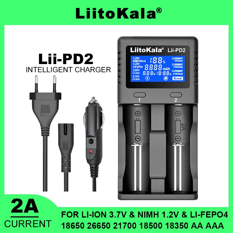 

Аккумуляторное зарядное устройство Liitokala Lii-PD2 3,2 В, 3,7 в, 3,8 в, 1,2 в, 25500, 18650, 18350, 26650, 20700, 14500, NiMH, литий-железо-фосфатный аккумулятор