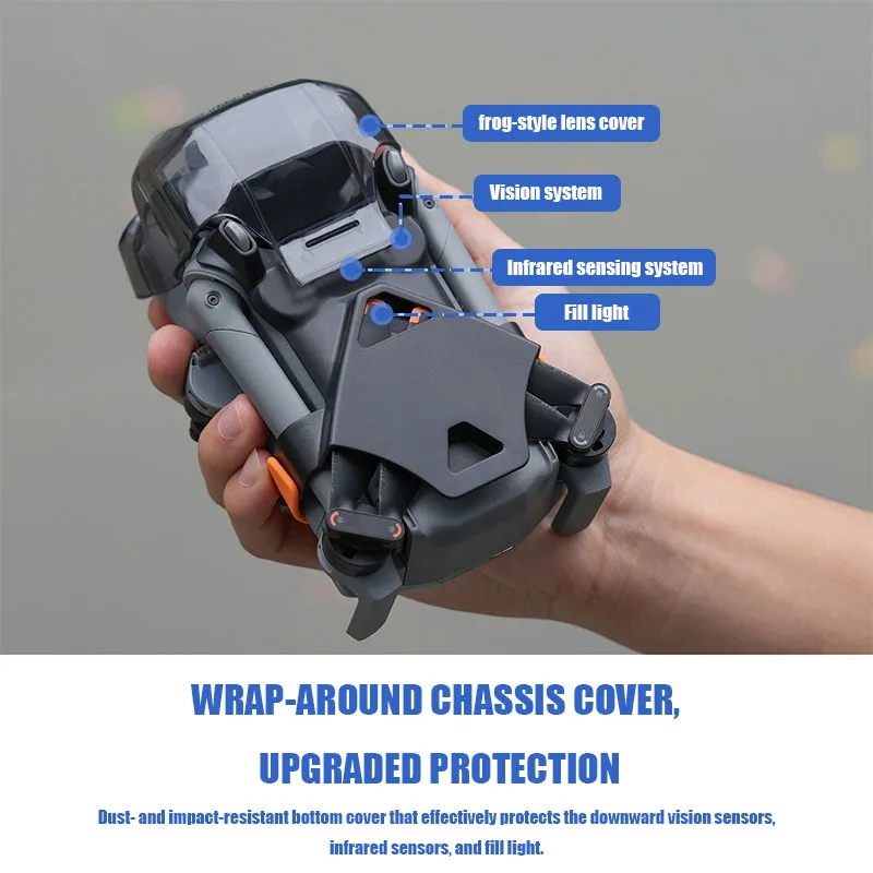 Drone Mini 5 Pro avec support d'hélices en place, vue de dessus montrant la protection des pales.