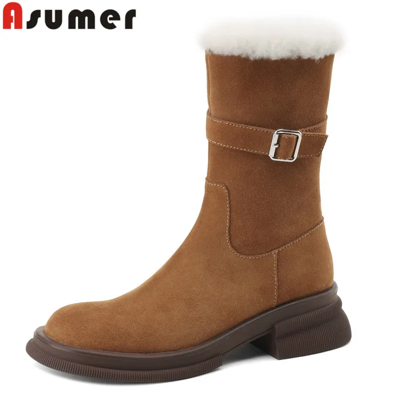 

ASUMER 2024 New Cow Suede Leather Mid Calf Boots Square Med Heels Zipper Boots Round Toe Female Buckle Autumn Winter Boots