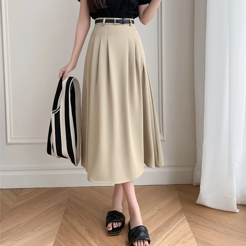 

Summer Women's Skirt 2023 Fashion Office Lady Skirts Belt Big Swing Skirts High Waist Vintage Skirt OL Korean Fashion Clothing
