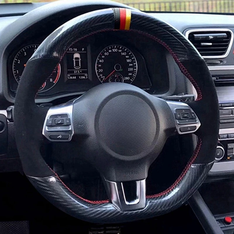 

Hand-Stitched Black Carbon Fiber Suede Car Steering Wheel Cover For Volkswagen Golf 6 GTI MK6 / Polo GTI / Scirocco R Passat CC