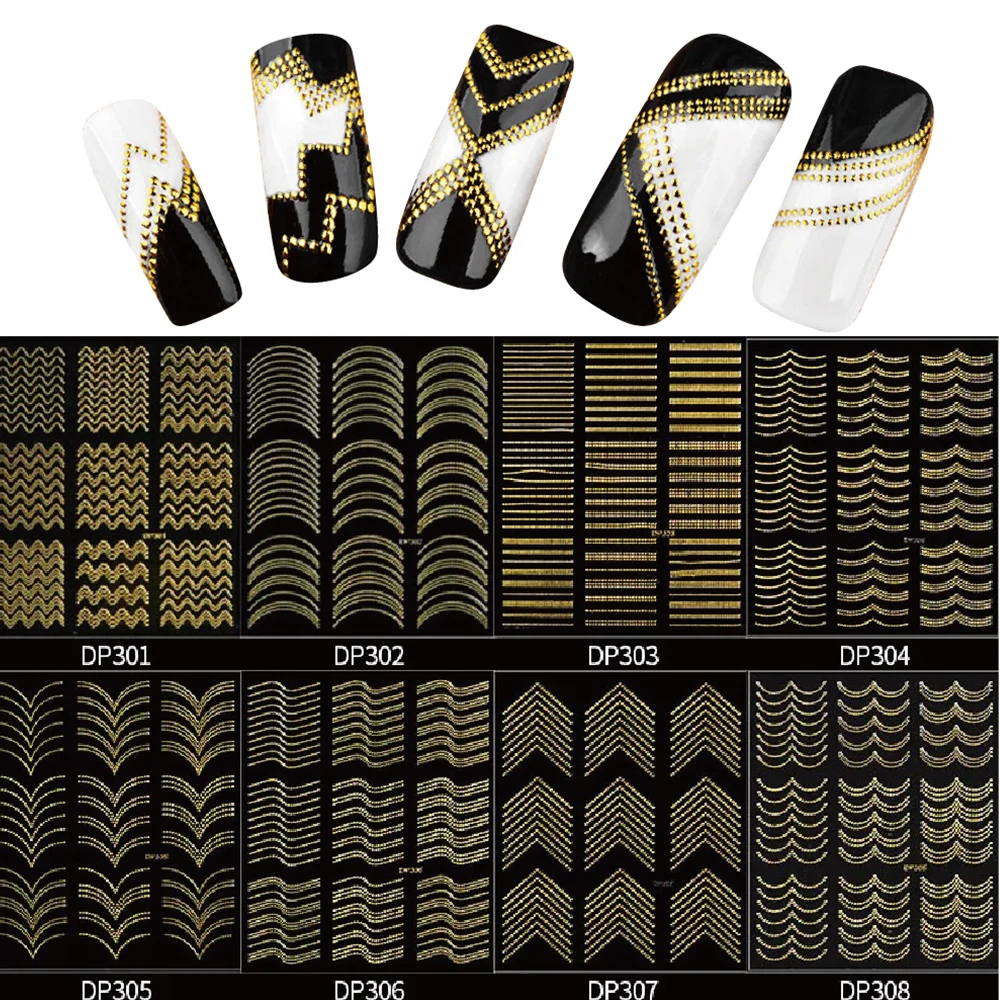 

1 Sheets Gold Lines Nail Stickers,Adhesive Metallic Luxury Rivets Striping Tape Nail Decals,Ultra-thin Curve Manicure Foils NK11