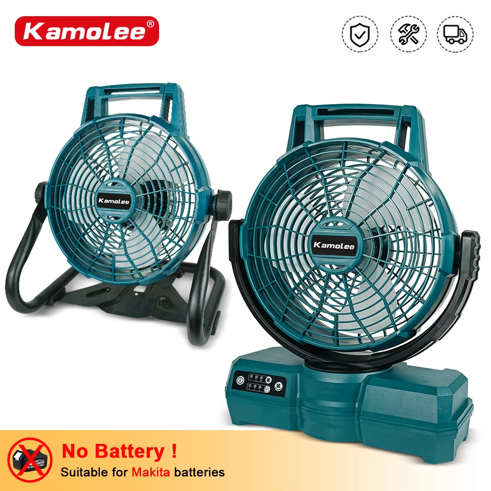 KAMOLEE Electric Fan, Multi Purpose Adjustable Head 3 Speed Setting Outdoor Cordless Table Fan Portable Compatible Makita Battery
