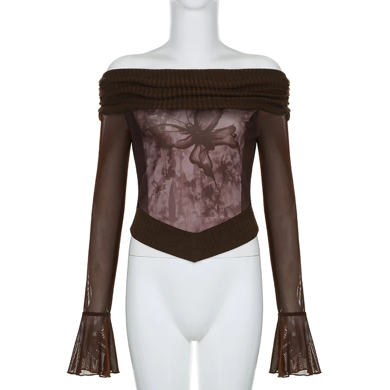Top de mujer con mangas acampanadas y hombros descubiertos, estilo patchwork, estilo Y2K, estilo grunge, corte entallado, estilo vintage sexy, otoño de los años 2000