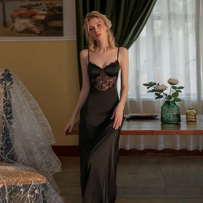 2024 New rSexy deep v pure color satin stitching lace perspective slim long straps lady home nightdress generation hair
