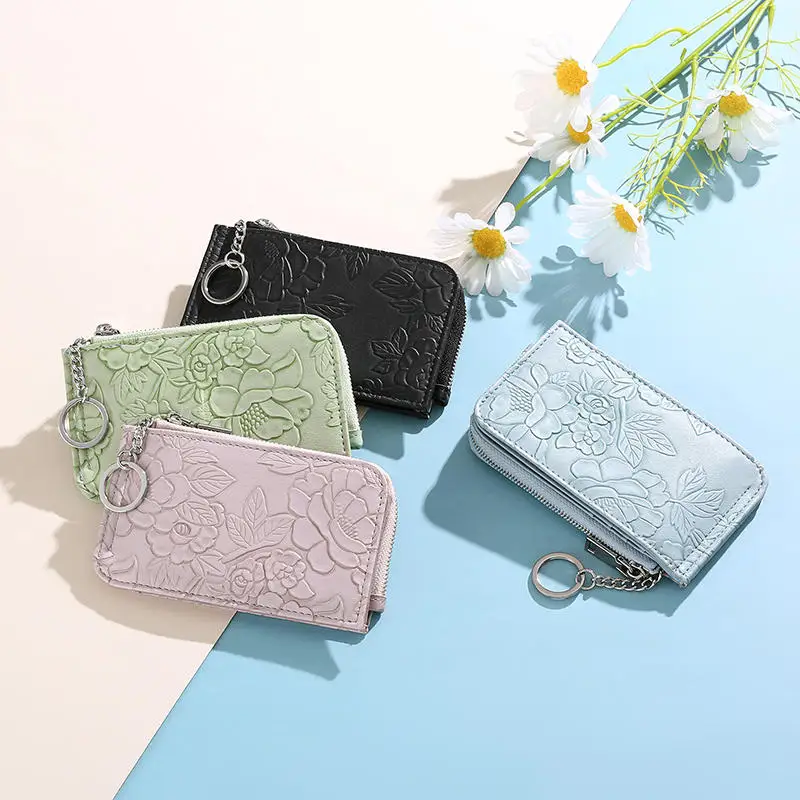 Zip Coin Purse With Key Ring Card Bag Embossed Design Multi Card Slots Large Capacity Wallet For Ladies Fashion Accessories
