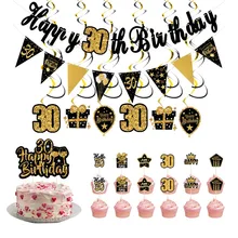 

30 40 50 60 Happy Birthday Decoration Banners Paper Bunting Garland Black Gold Cupcake Topper for Adults Birthday Party Supplies