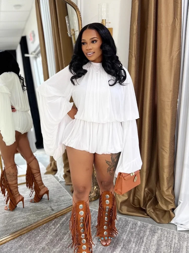 Wmstar 2 Piece Sets Women Wholesale Summer 2025 Lace Shorts Sets Solid Ruffled Shorts Lantern Sleeves Matching Set dropshopping