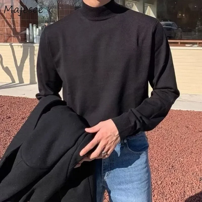 Men Pullovers Half High Collar Autumn Winter Long Sleeve Male Knitting Tops Casual Sweaters Solid Color Korean Style Loose Warm