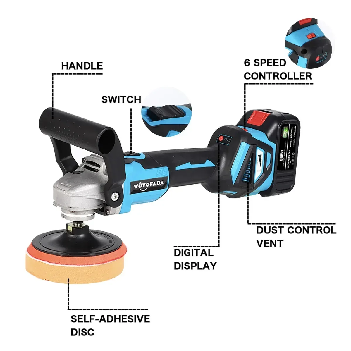 WOYOFADA Car Polisher Brushless Angle Grinder 1600W Variable Speed Car Waxing Polishing Machine For Makita 18V Battery 2
