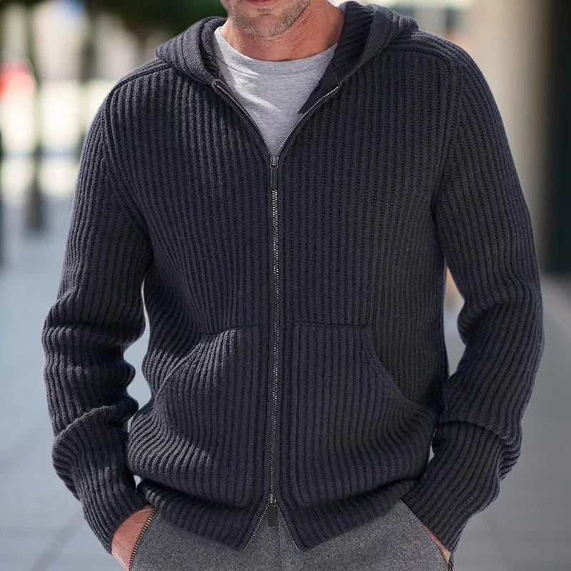 Casual Sweater Men Jackets Knitting Long Sleeve Zip-up Sweaters Cardigans for Mens Autumn Leisure Pure Color Knitted Hooded Coat