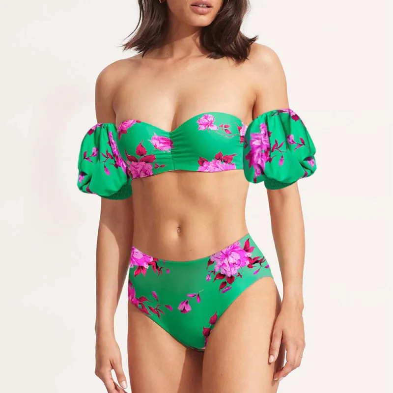 New Women Geometry Print Swimwear Butterfly Shape Biniki Swimsuit Cover Up Lower Print Split Swimsuit and Wrap Skirt Set