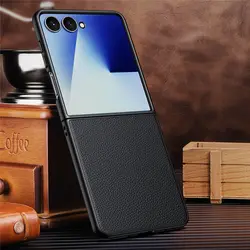 Premium Genuine Cowhide Leather Litchi Pattern Business Armor Shockproof Back Cover - Galaxy Z Flip5 (Black)