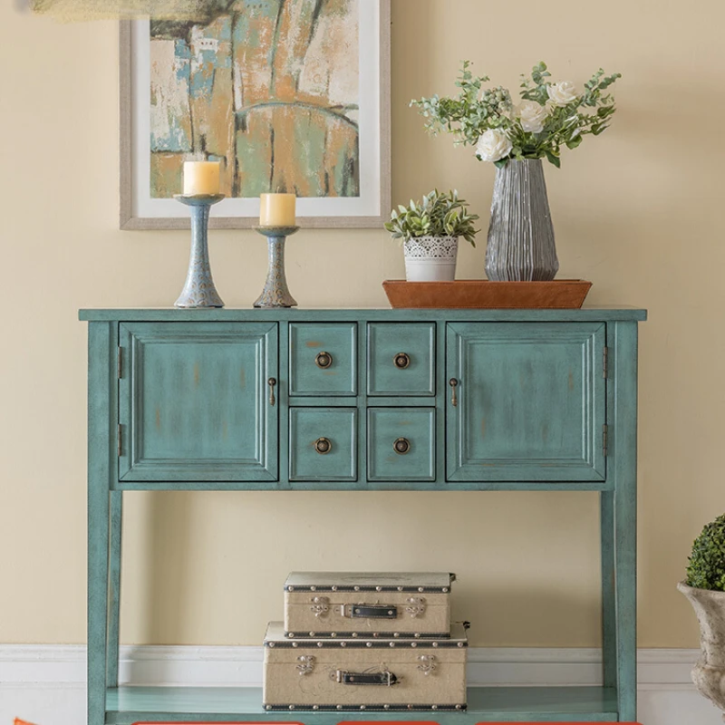

Mediterranean Four-Bucket Two-Door Console Tables Vintage Distressed Living Room Hallway Sideboard Cabinet