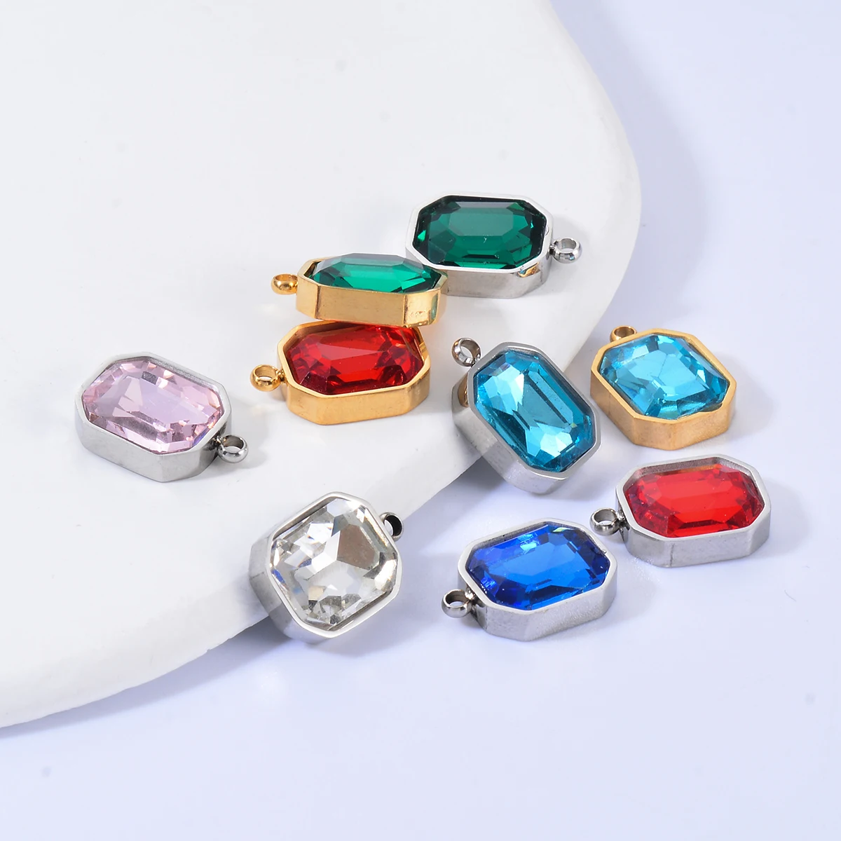 10pcs Multicolour Square Glass Charms Stainless Steel Pendant Gold Color for DIY Making Necklace Earrings Accessories Wholesale