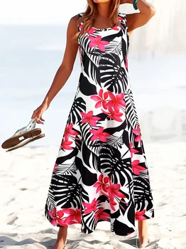 Summer Dress 2026 Bohemian Sleeveless Maxi Dress Vibrant Floral Print A-Line Round Neck Women's Dress Hawaii Beach Long Dress 1
