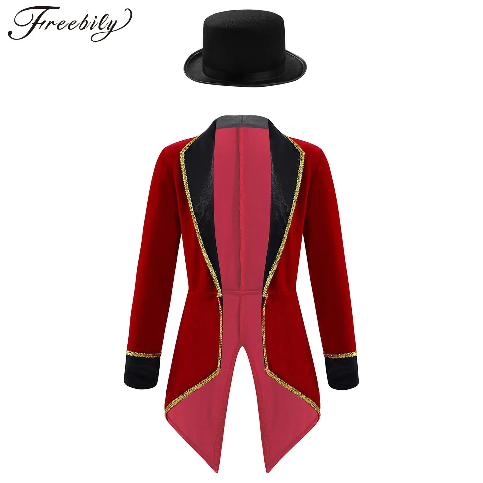 

Kids Girls Circus Ringmaster Magician Showman Clothes Long Sleeve Tailcoat with Felt Hat Halloween Theme Party Cosplay Costume