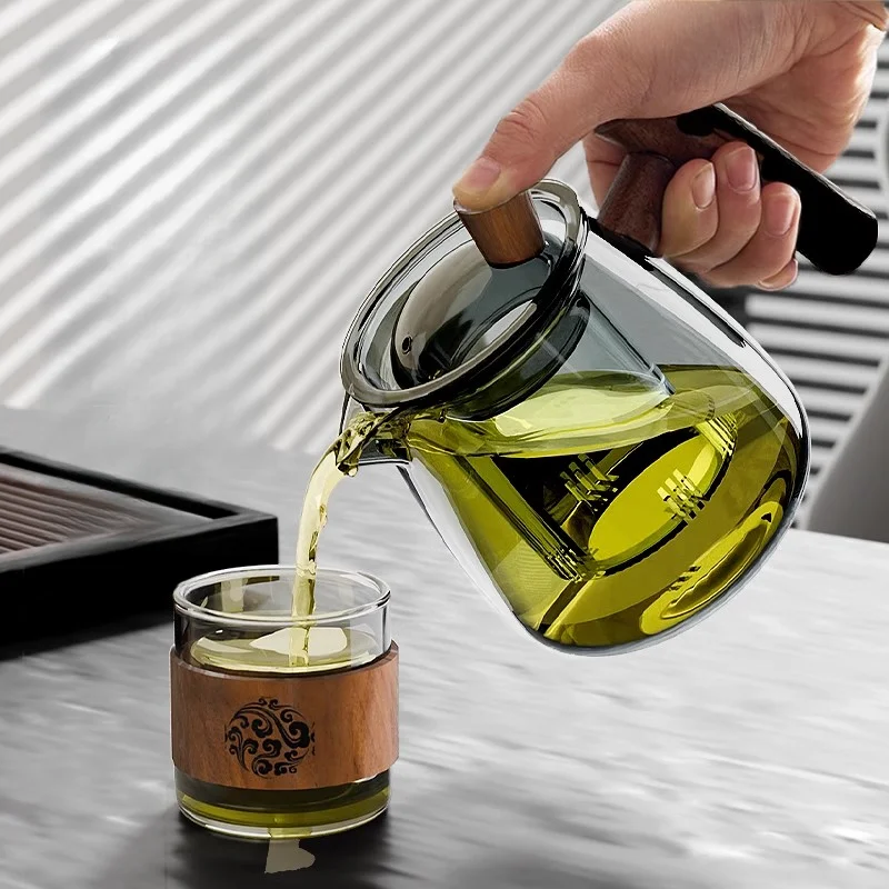 GIANXI Tea Pot Heat-Resistant Glass With Walnut Handle Chinese Drain/Storage Tea Tray Home Hospitality Kung Fu Teapot Set tea set