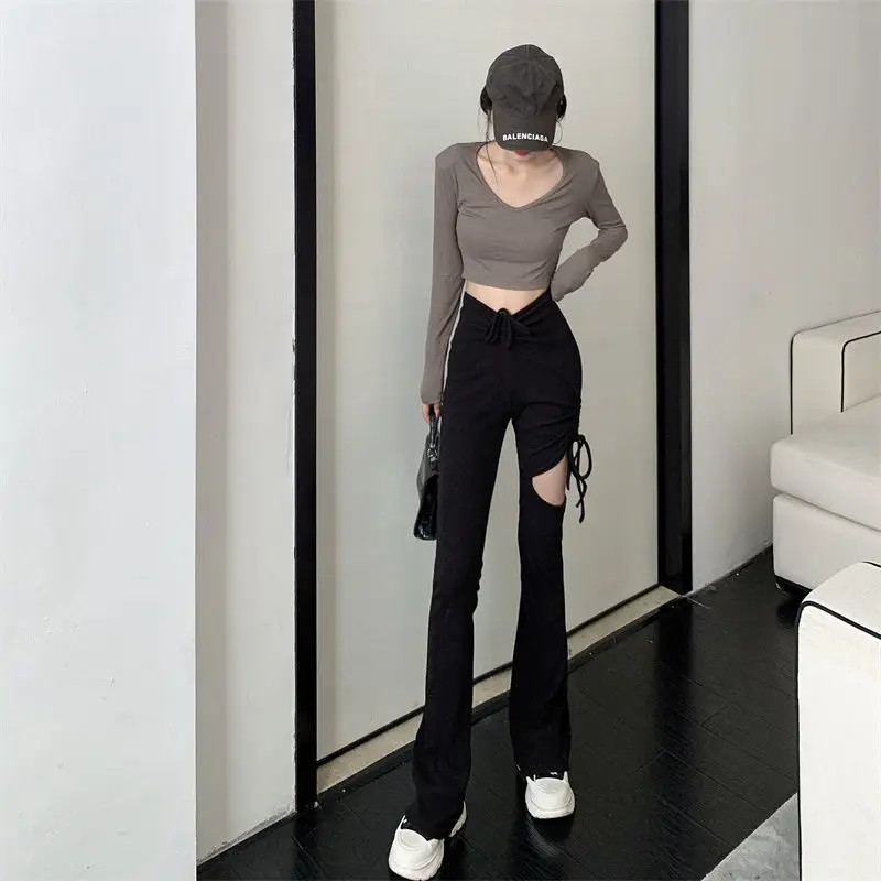 Feiernan Solid Grace Women Flare Pants Black Hollow Out Straight Trousers Khaki Causal Drawstring High Waist Full Length Bottoms black cargo pants