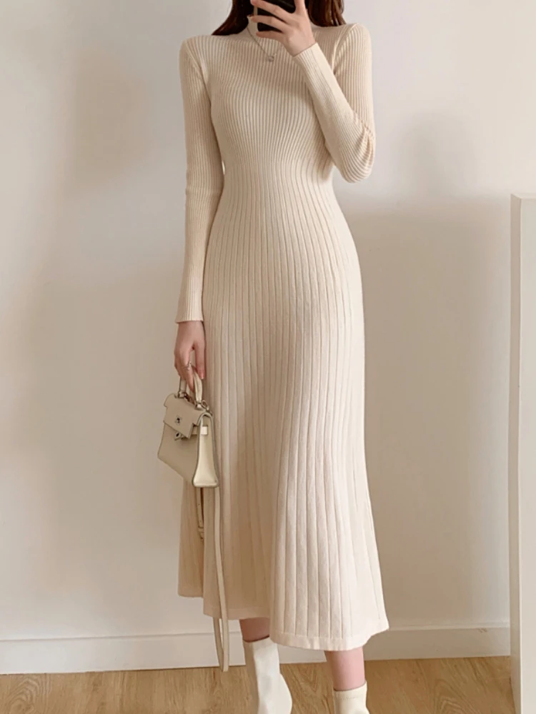 

Autumn Winter 2023 Slim Long Sleeve Party Midi Dress for Women Knitted Half High Collar Elegant Knitted Sweater Dresses Ladies