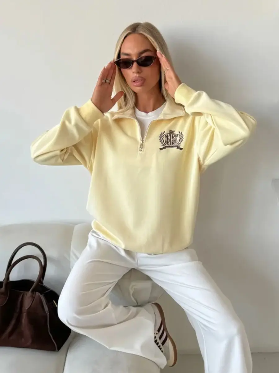 Light Yellow American Preppy-style Retro Letter Printed Sweatshirts Half Zip Turn-down Collar Lapel Shirts Leisure College Women 1