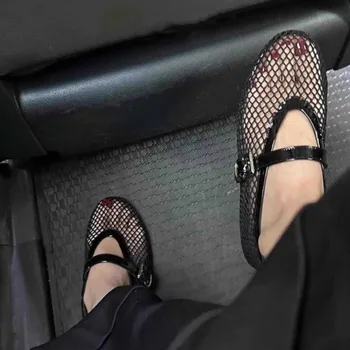 Mesh Black Ballet Shoes Female 2026 Summer New Flat Hollow Mesh Breathable Buckle Strap Single Shoes Fishnet Shoes Woman Sandals 1