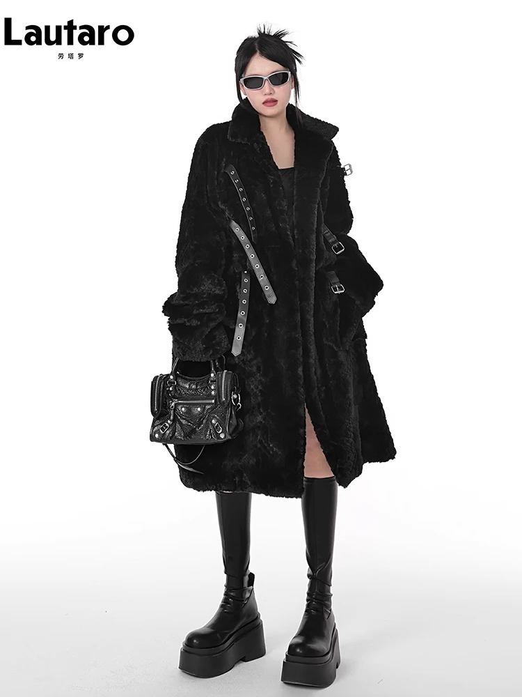 Lautaro Winter Cool Long Loose Casual Soft Thick Warm Black Fuzzy Faux Fur Coat Women Stand Collar Punk Style Fluffy Jacket 2023 3