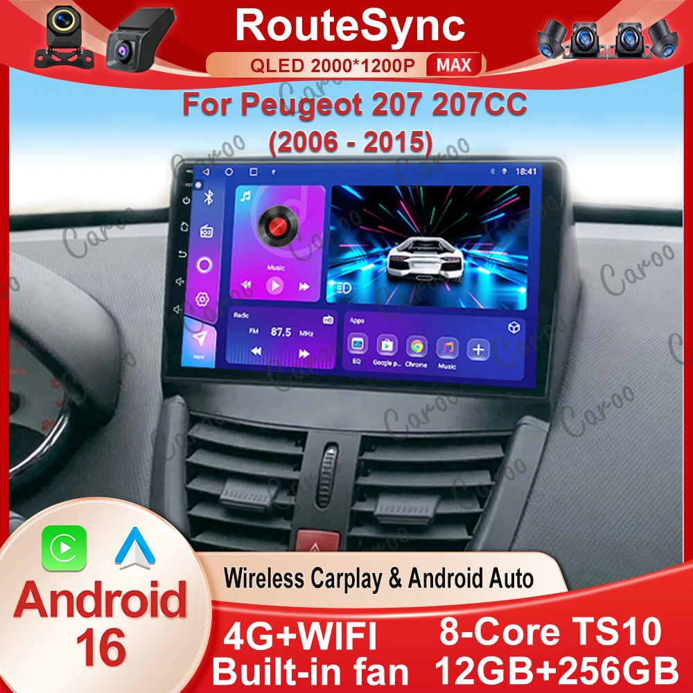 Radio Multimedia con Pantalla Táctil Android 16 para Peugeot 207 207CC 2006-2015, Reproductor de Video, Carplay, Bluetooth, 8 Núcleos, 4G, BT, Sin 2Din 1