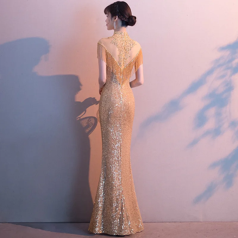 

Golden Evening Dress for Women 2020 New Banquet Temperament Host Long Atmosphere Queen Annual Meeting Fishtail Dress