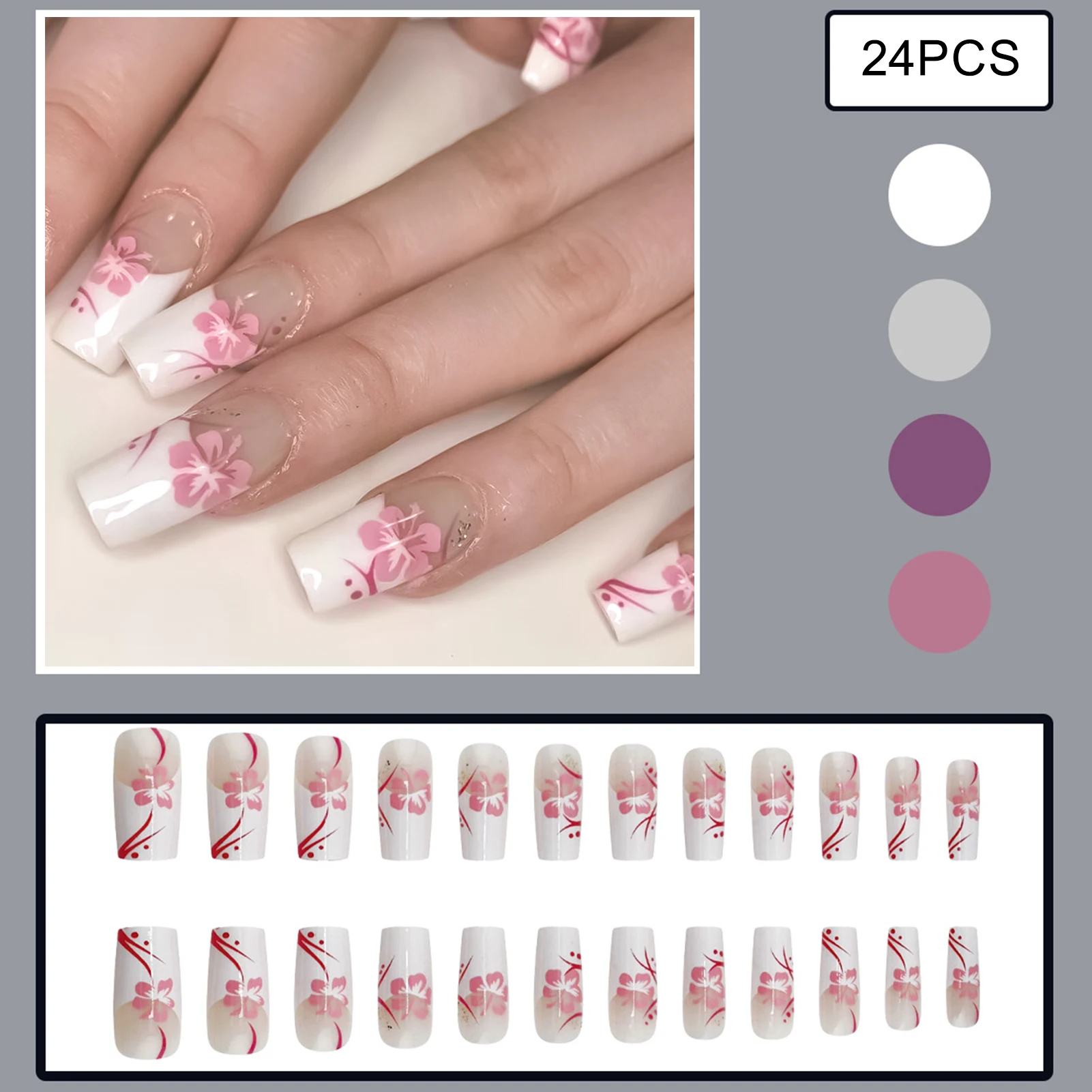 달콤한 소녀들을 위한 참 장식 가짜 손톱 24개, 화이트 프렌치 프레스온 네일, 핑크 꽃무늬 프린트 중간 길이 코핀 모양 인조 손톱 아트