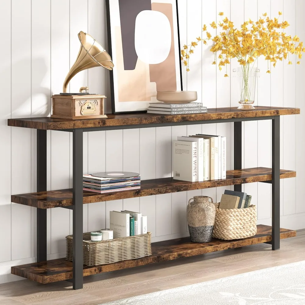 Extra Long Console Table with 3 Tier Storage Shelves for Entryway, Hallway, Living Room