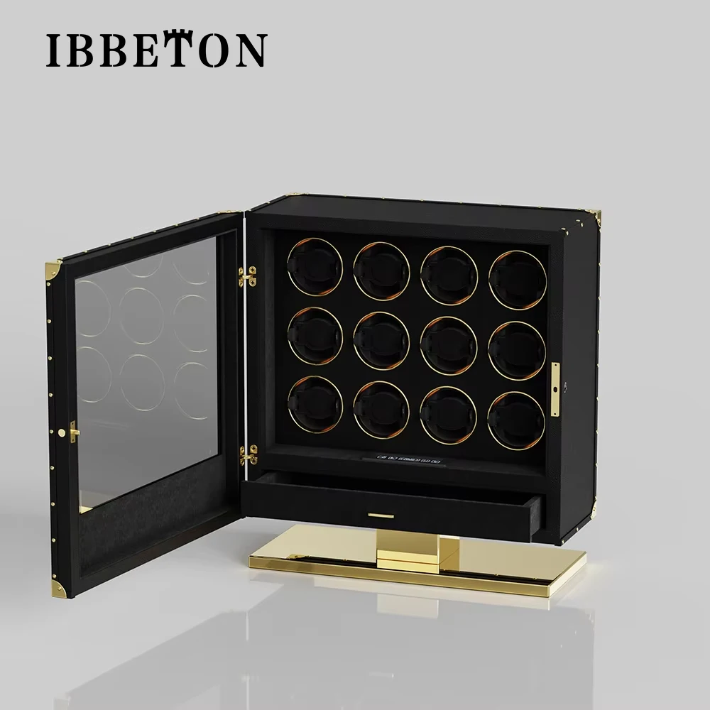 IBBETON 럭셔리 지문인식 자동 시계 와인더 나무 시계 보관함 터치 컨트롤 및 내부 백라이트 시계 보관함