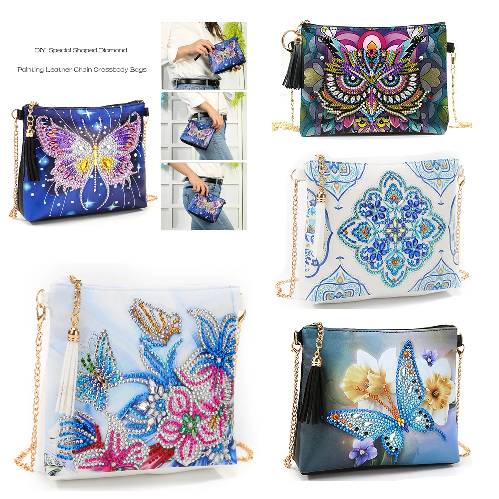 DIY Butterfly Flower Special Shape Diamond Painting Chain Shoulder Bag Leather Women Clutch Storage Bag for Girlfriend Gift punch needle wall decor